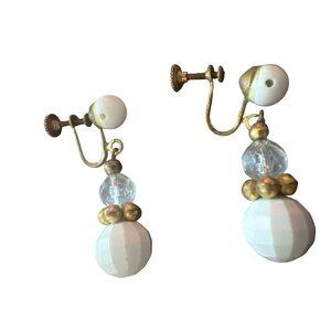 White Faceted Beads VIntage Screw Back Dangle Drop Earrings Gold Tone